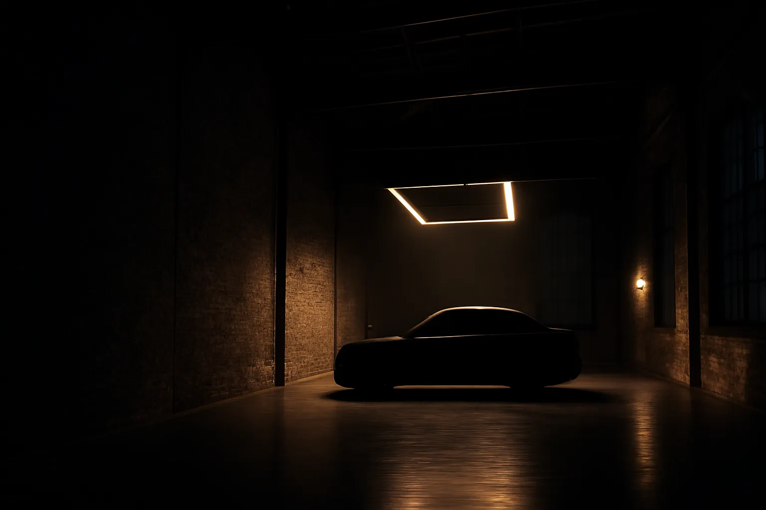 Interno del laboratorio di detailing premium con illuminazione dall'alto e sagoma del veicolo