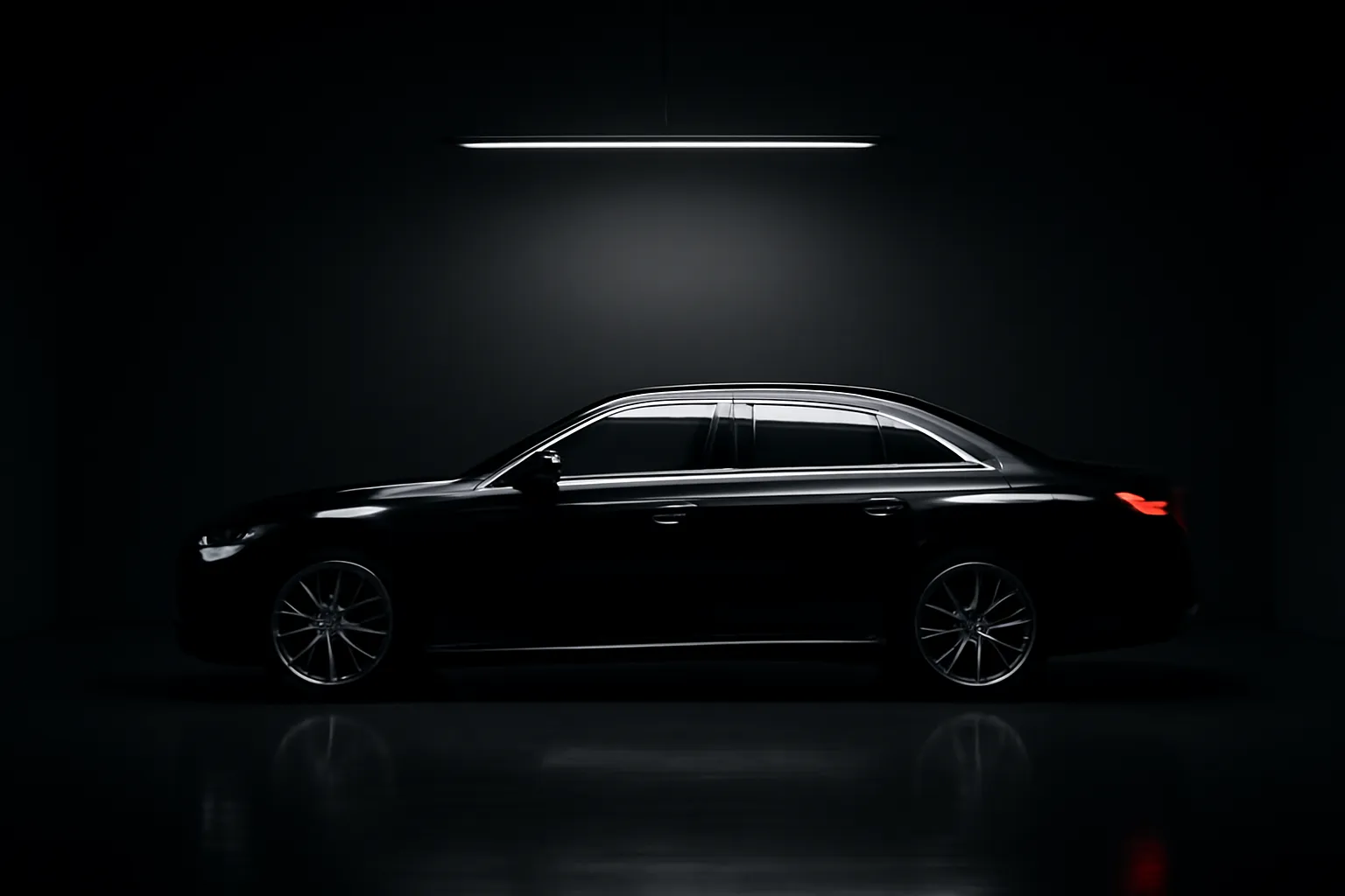 Berlina scura premium nel laboratorio di detailing sotto luce singola dall'alto che rappresenta i pacchetti di servizi