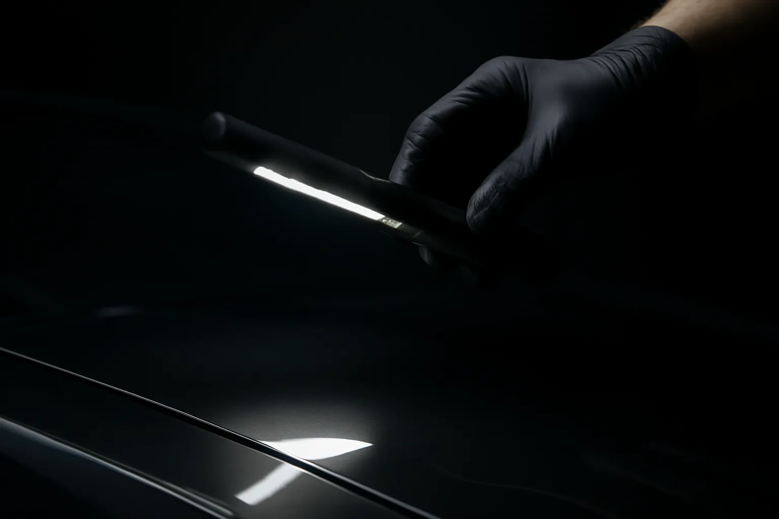 Mano con guanto e lampada di ispezione che verifica la superficie verniciata finita per il controllo qualità
